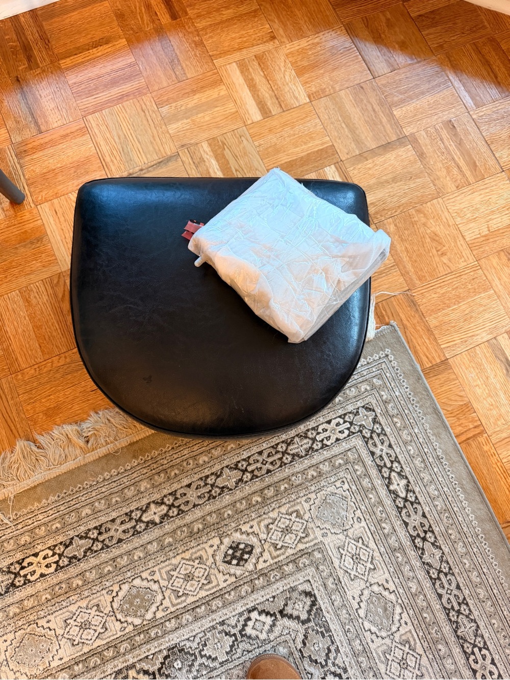 Black Leather Ottoman Seat Top with White Quilted Fabric